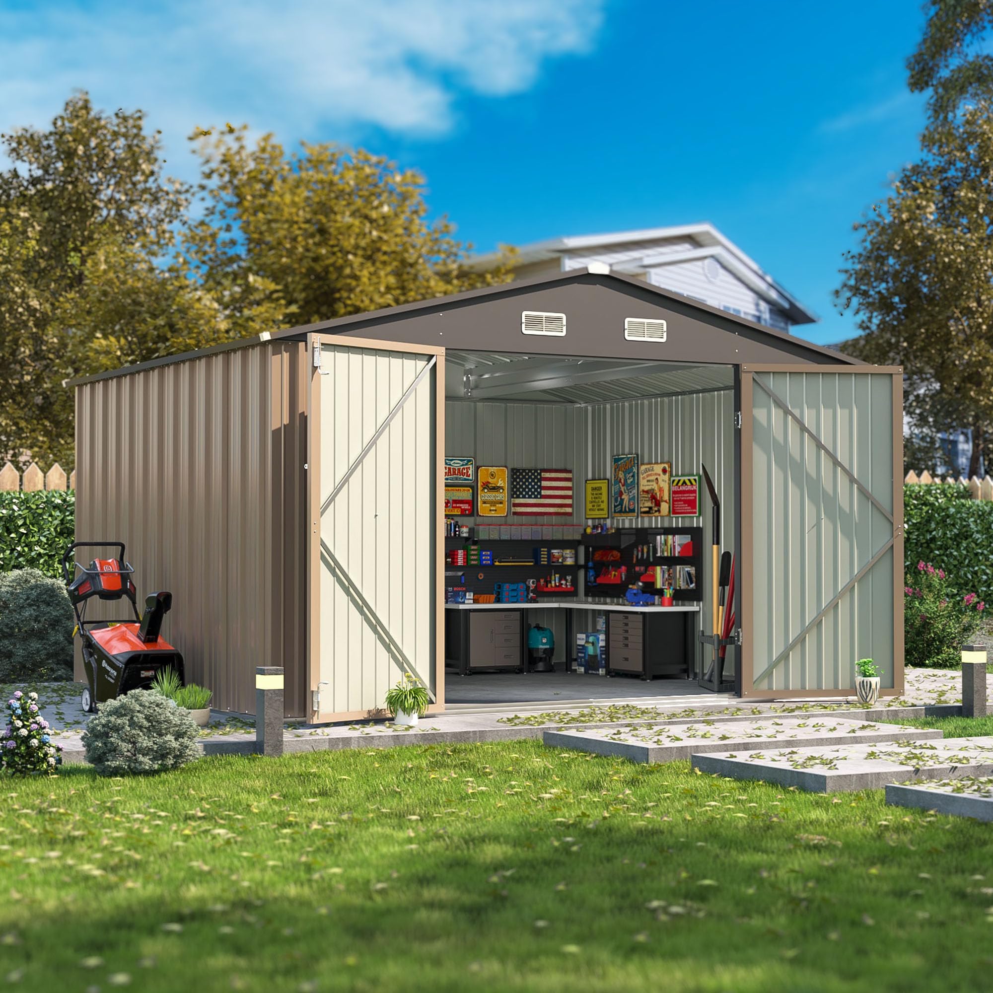 Photo 1 of **AS IS, FINAL SALE**  Patiowell 10x8 FT Storage Shed, Outdoor Metal Sheds with Lockable Door and Sloping Roof, Waterproof Outside Large Garden Tool Shed with Breathable Vents for Patio Lawn Backyard, Brown
