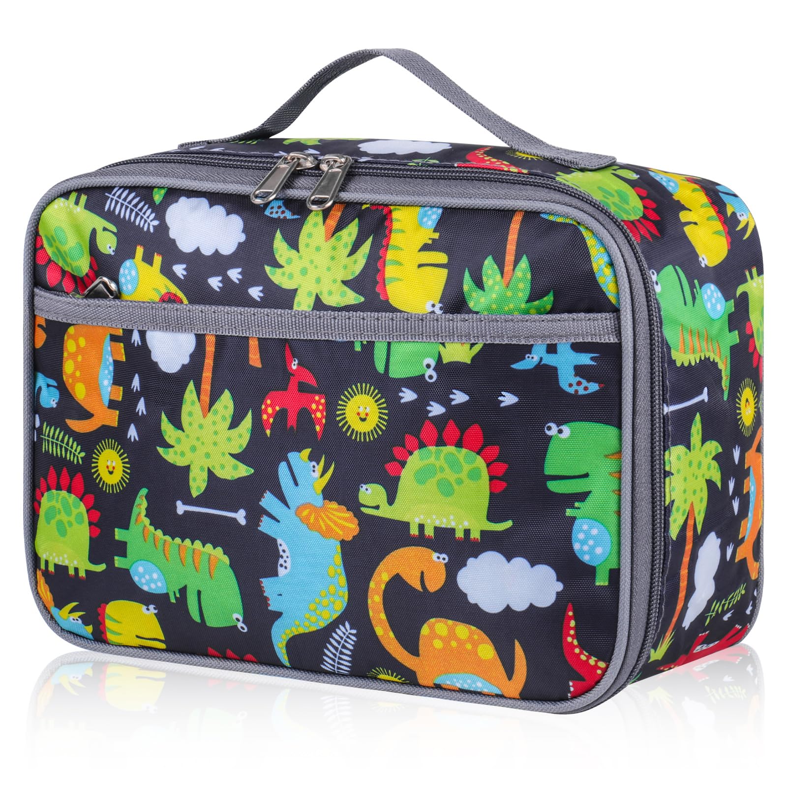 TIECHI Insulated Lunch Bag Kids, Thermal Reusable Small Lunch Bag for Boys & Girls, Water-Resistant Leakproof Cool Bag Lunch Box Bag for School, Picnic, Outdoor (Black Dinosaur)