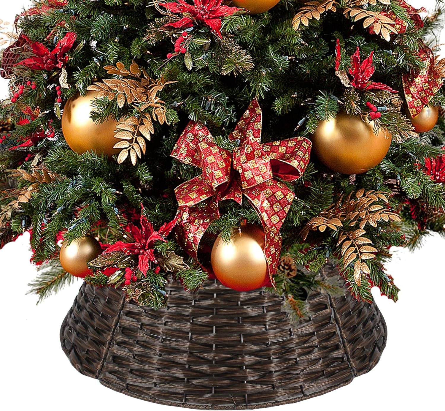Tree Stands - Christmas Tree Collar 23'' D Handmade Artificial Rattan Wicker Tree Collar Basket Christmas Woven Tree Ring Stand Base Cover for Holiday Decoration-Round Brown