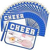 Kacctyen 20 Pcs Chenille Letter Cheer Bags Cheerleader Clear Makeup Bags Snacks Pouch Bulk Preppy Patch Cosmetic Pouch with Wrist Strap Zipper for Travel Team Cheerleaders (Blue)
