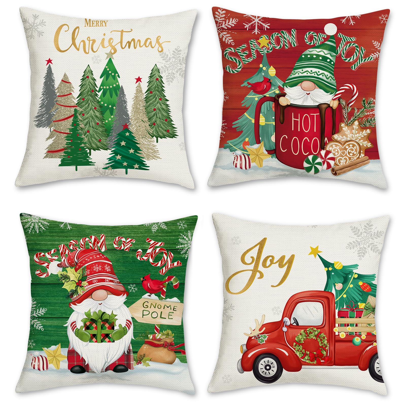 Bonhause Christmas Gnome Cushion Covers 45 x 45 cm Merry Christmas Tree Red Truck Decorative Throw Pillow Covers Polyester Linen Pillowcases for Sofa Bed Winter Xmas Decor Set of 4 — image 1
