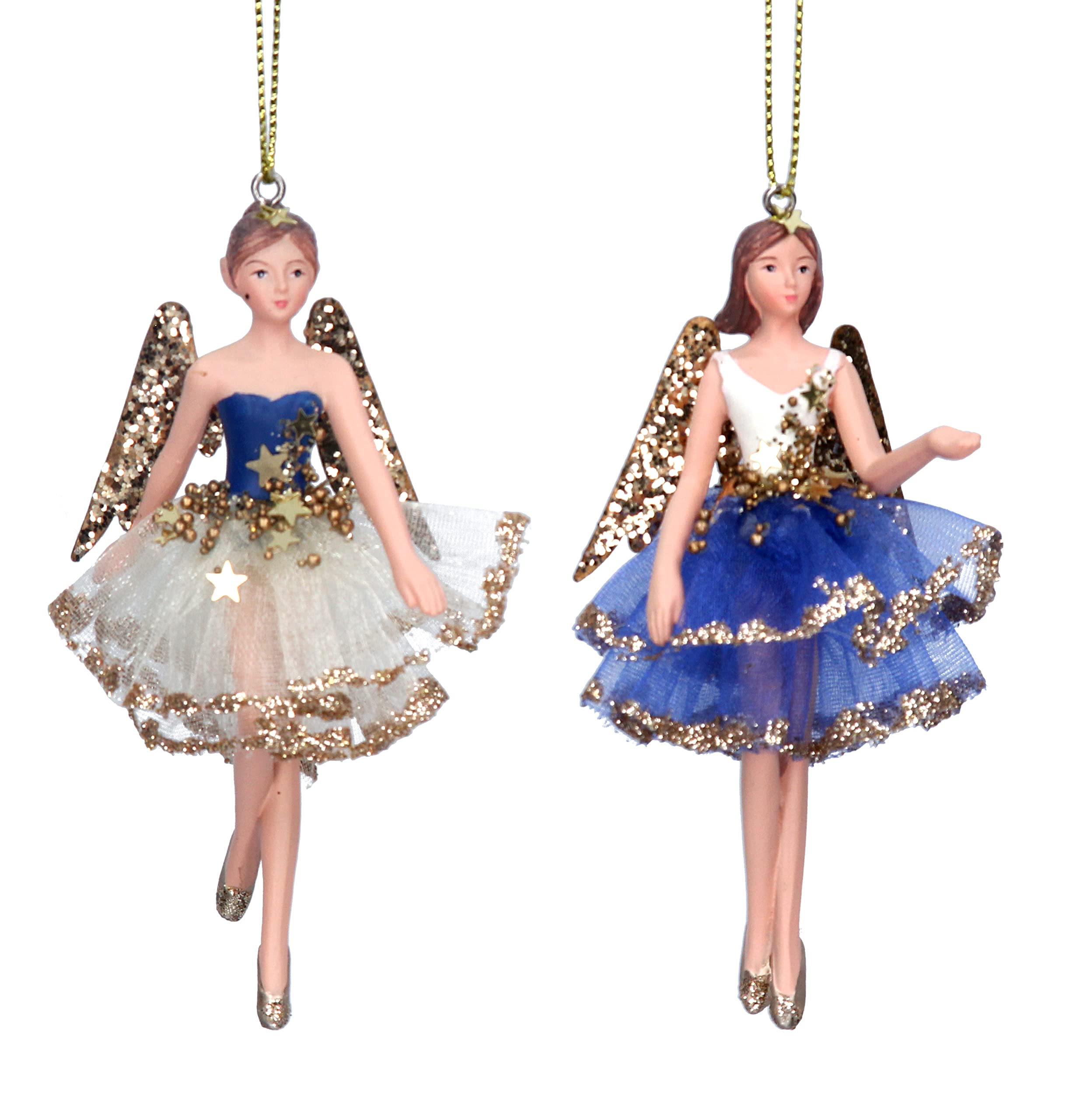 Gisela Graham Cream Blue & Gold Resin and Fabric 10 cm Fairy Decoration Set of 2
