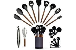 Silicone Kitchen Utensils Set & Holder: Cooking Utensils Set - Kitchen Essentials for New Home & 1st Apartment (Walnut, Black