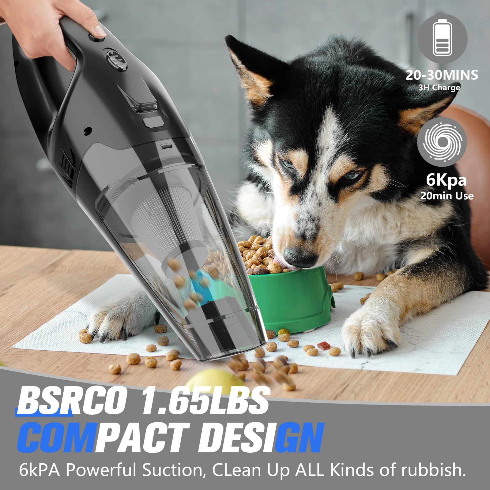 BSRCO Handheld Vacuum Cordless Rechargeable 3-in-1, USB Charge, Car Vacuum with LED, HEPA Filter, 1.65LBs Lightweight Vacuum Cleaner for Dust, Pet Hair