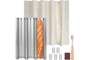 Barlket Baguette Pan, Baguette Bread Pan Perforated, Nonstick French Bread Baking Pan 3 Loaves with Proofing Cloth, Dough Cut