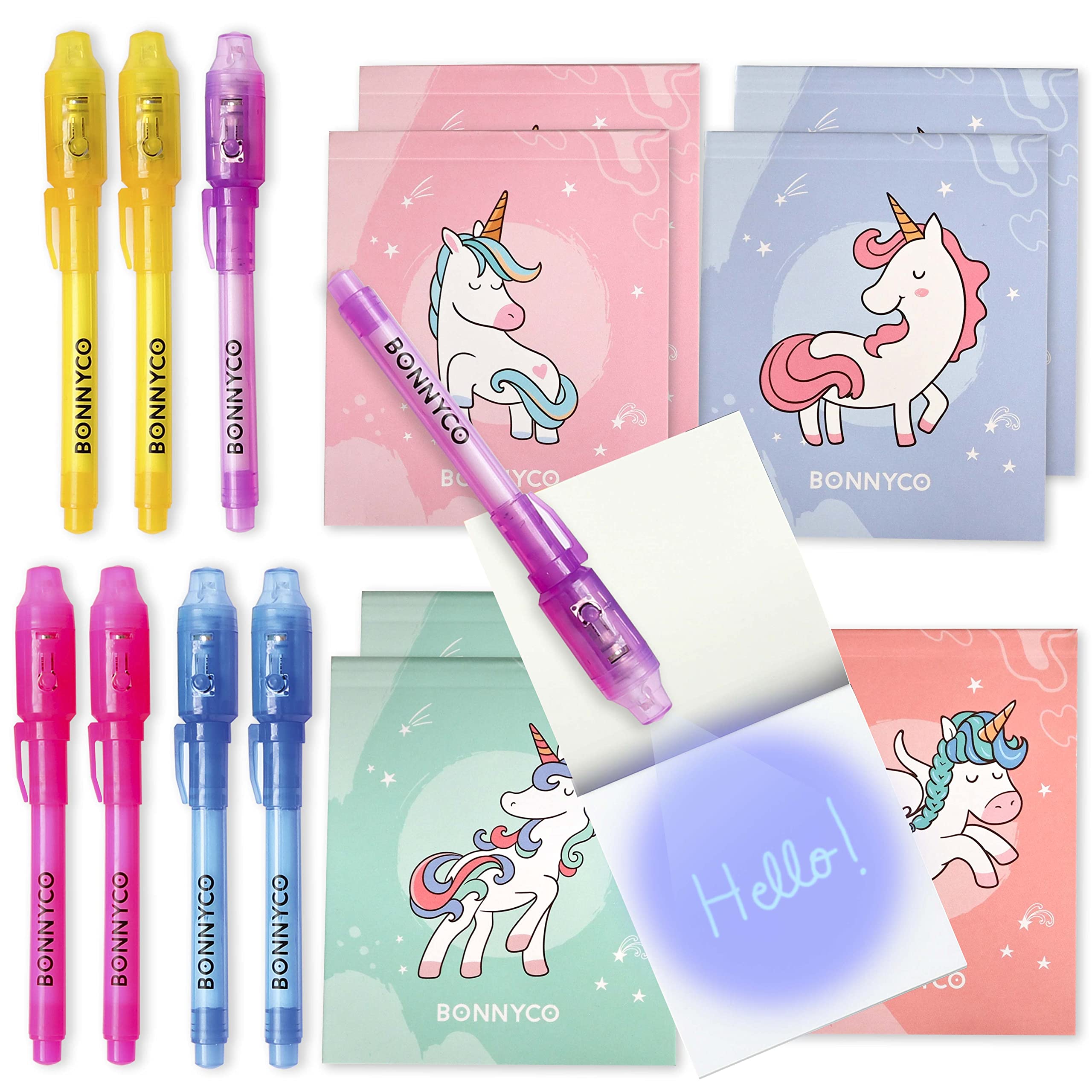 BONNYCO Invisible Ink Pen and Notebook, Pack 8 Unicorns Party Bags Filler and Pinata Toys. Unicorn Birthday Decorations, Stocking Fillers for Kids Birthday. School Prizes, Gifts for Children