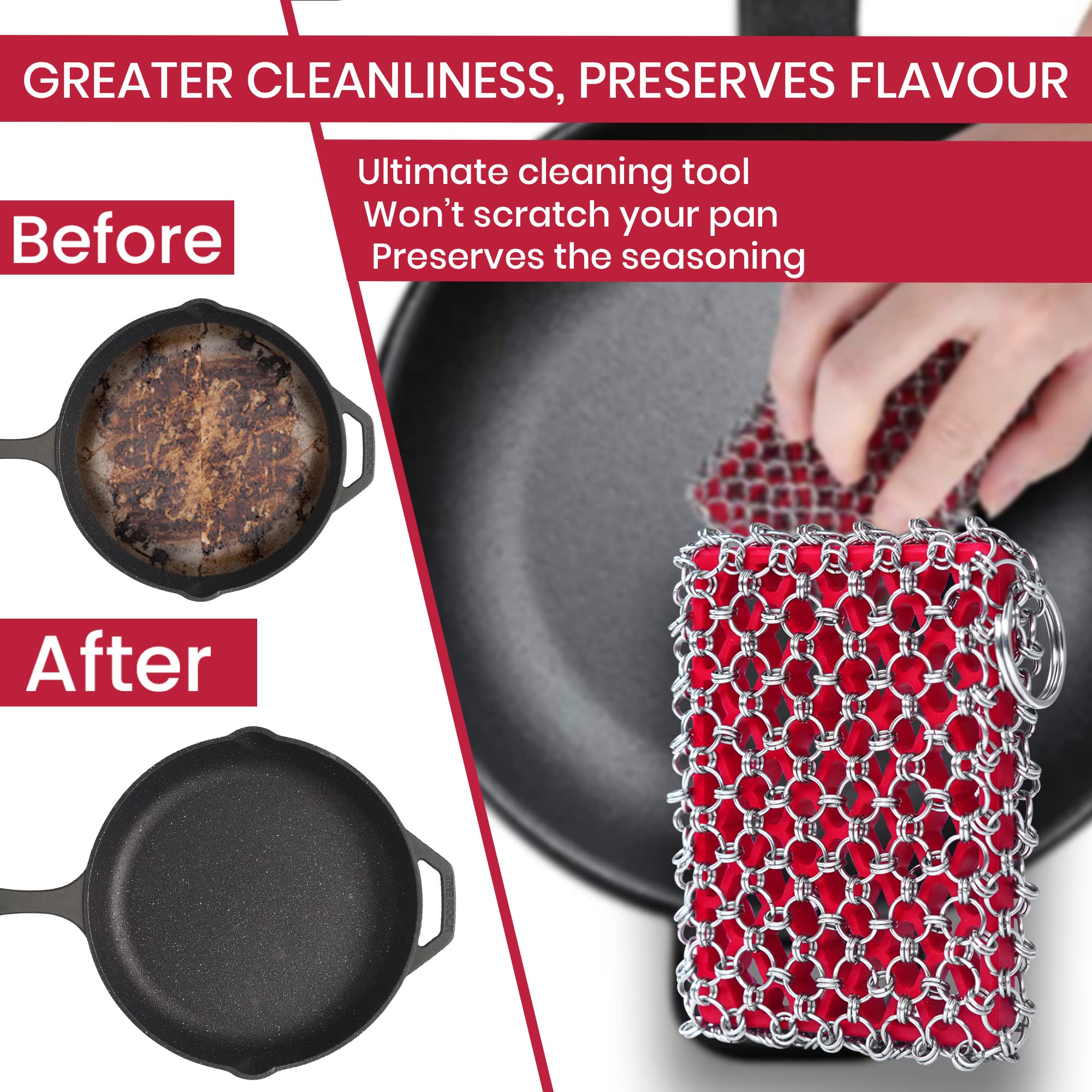 Cast Iron Scrubber Chainmail - 316L Cast Iron Cleaner Scrubber and Bamboo Cloth Set - Chain Mail Scrubber - Stainless Steel Chainmail Scrubber for Skillet, Pan, Dutch Oven - Essential Accessory