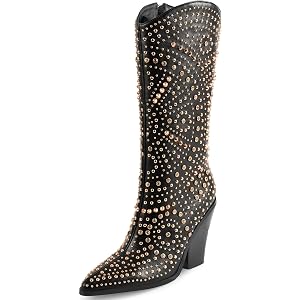 iiimmu Womens Boots Pointed Toe and Chunky Heel Boots for Women Luxurious Studded Boots Tall Boots with Metallic Rivets, Whit