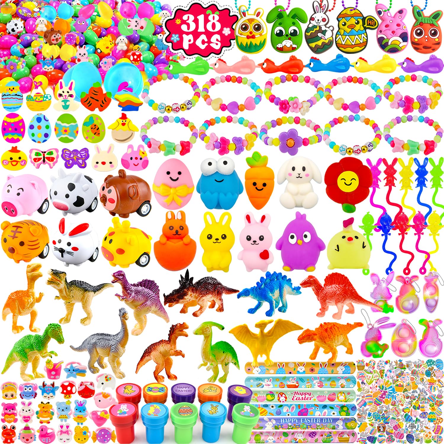 Phaorui 318 Pcs bulk Easter Egg with toys filled inside for kids, 100 sets plastic Easter egg stuffed with toys self pre filled Easter egg fillers for Kids Boys Girls stuffed Easters eggs filled