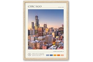 HesenDot Natural OAK Wood Chicago Cityscape Framed Wall Art,12x16in City Skyline Canvas Wall Print,Modern Urban Landmark Wall Decor for Living Room,Bedroom,Office Gallery Gifts Set of 1
