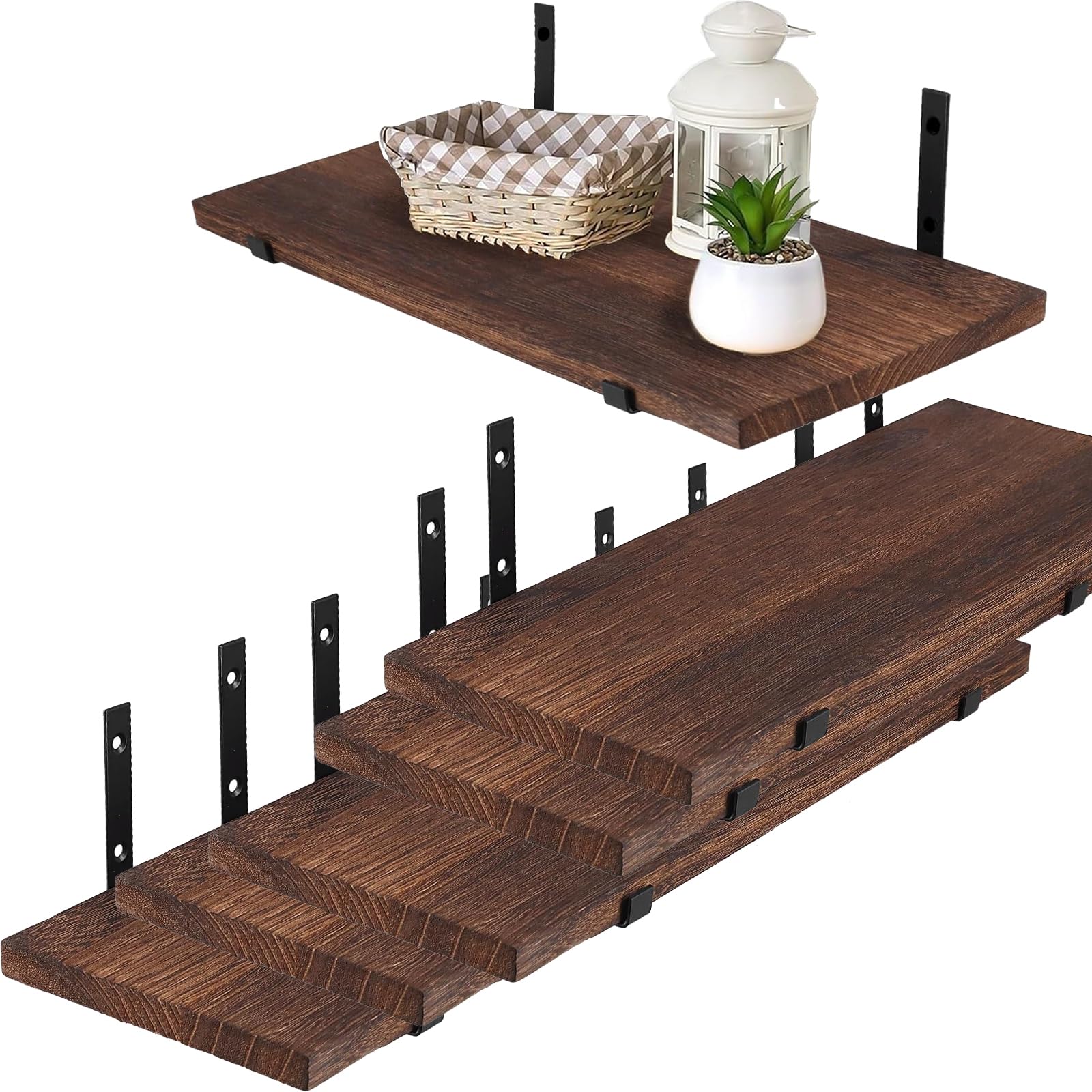 ZOENHOU Set of 6 Wall Mounted Wood Floating Shelves, 16 Inch Rustic Wood Floating Wall Shelf with Screws, Wooden Floating Shelves for Bedroom, Bathroom, Kitchen, Living Room, Office, Laundry Room