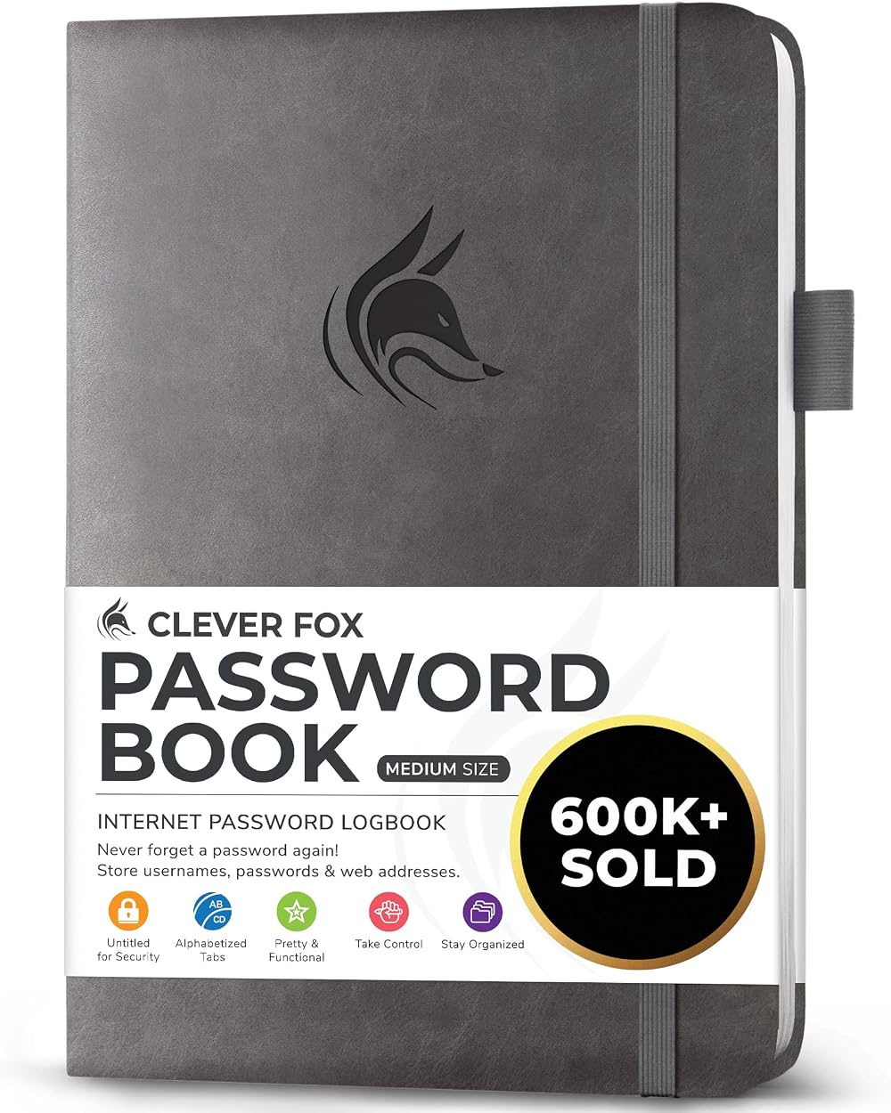 Clever Fox Password Book with Alphabetical Tabs Grey Medium Size