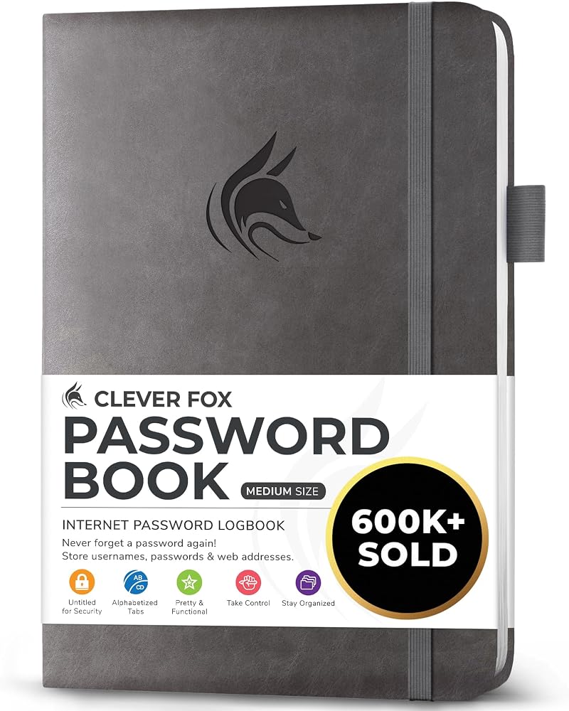 Clever Fox Password Book with Alphabetical Tabs Grey Medium Size