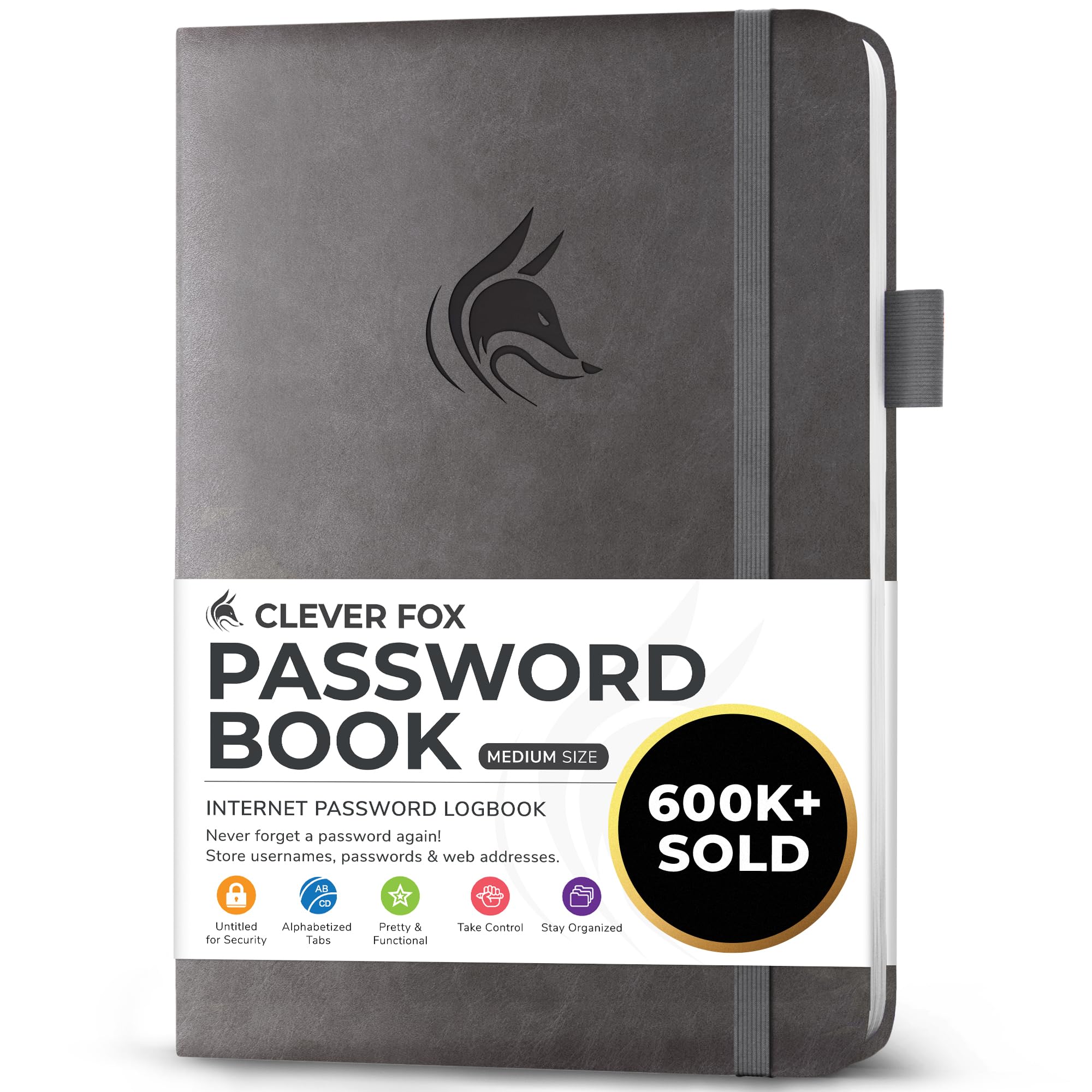 Clever Fox Password Book with alphabetical tabs. Internet Address Organizer Logbook. Medium Password Keeper for Website Logins (Grey)