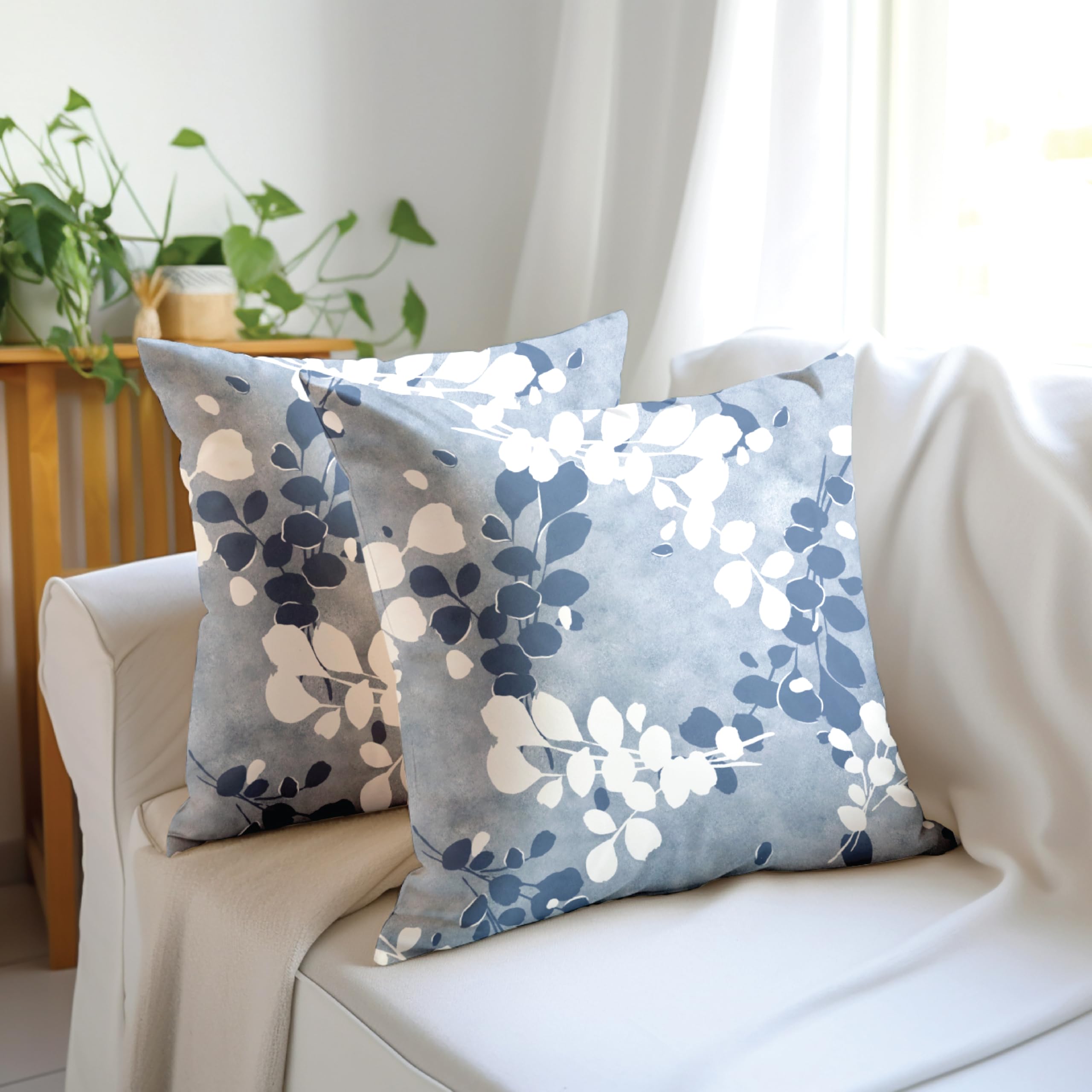 Encasa XO Decorative Throw Pillow Covers 20x20 in – Polyester Floral Digital Print L2 Blue | No Inserts | Square Cushion Cases for Sofa, Chair, Bed, Office & Home Pack of 2