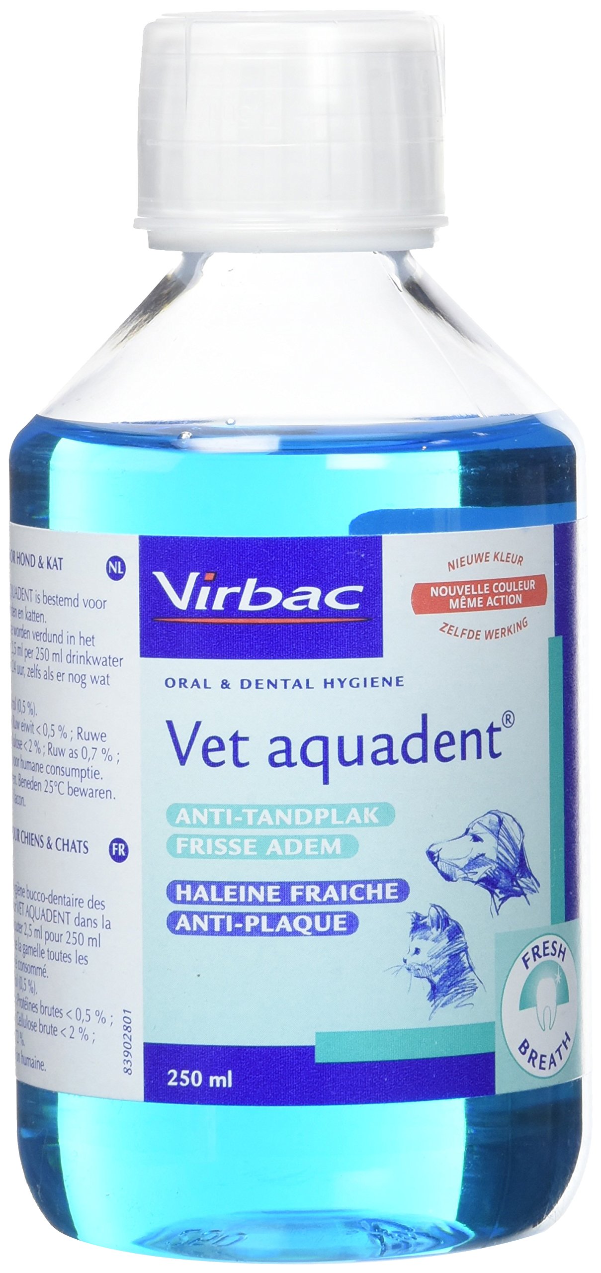 Virbac Vet Aquadent Anti-Plaque Fresh Breath Dental Care Solution for Dogs and Cats, Unflavoured, 250ml with Doseur Gobelet
