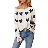 Chang Yun Women Off Shoulder Knitted Pullovers Sweater Loose Long Sleeve Hearts Printed Ripped Tops
