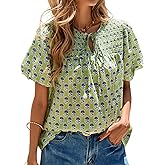 KIRUNDO Boho Tops for Women Summer 2026 Dressy Floral Blouse V Neck Drawstring Short Sleeve Shirts Beach Vacation Clothes