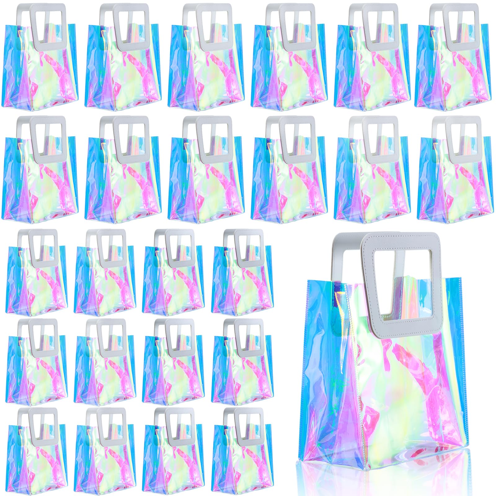 Photo 1 of 25 Pcs Reusable Holographic Small Gift Bags with Handle 8.3''x8''x4'' Iridescent Bachelorette Party Favor Bags Clear PVC Tote Goodie Bags for Shopping, Picnic, Baby Shower, Wedding, Holidays