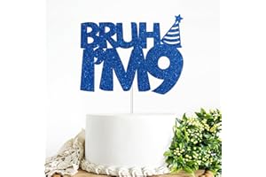 JIFORUI Bruh I'm 9 Cake Topper Blue Glitter 9th Birthday Party Cake Decor for Kids Boys Happy 9th Birthday Party Sign Funny Nine Years Old Party Decoration Supplies