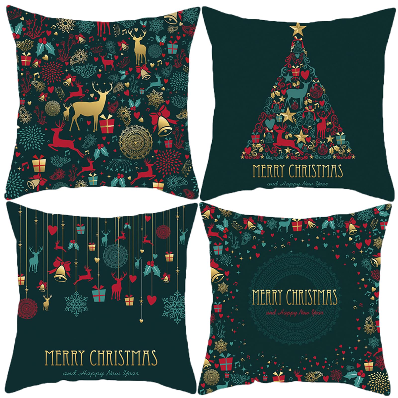 HOSTECCO Christmas Cushion Covers Pack of 4 Winter Holiday Xmas Pillow Covers Teal Green Decorative Pillow Cases for Sofa Couch 45x45 cm