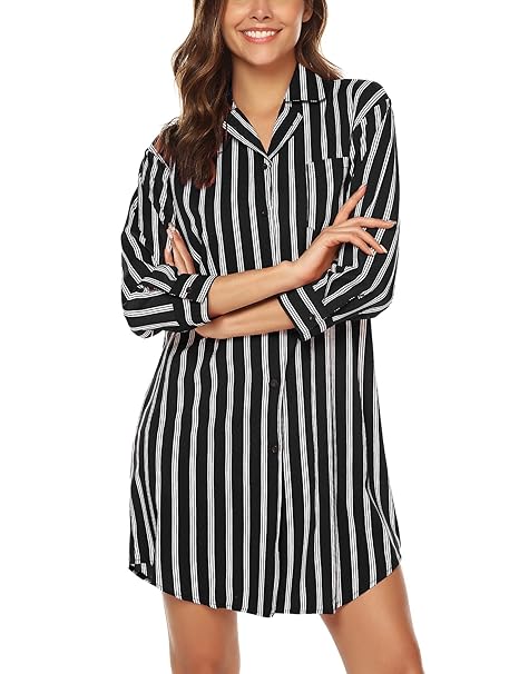 BESDEL Frauen Boyfriend Nightshirt 3/4 Ärmel Button Down gestreiftes Nachthemd Nachtwäsche S-XXL