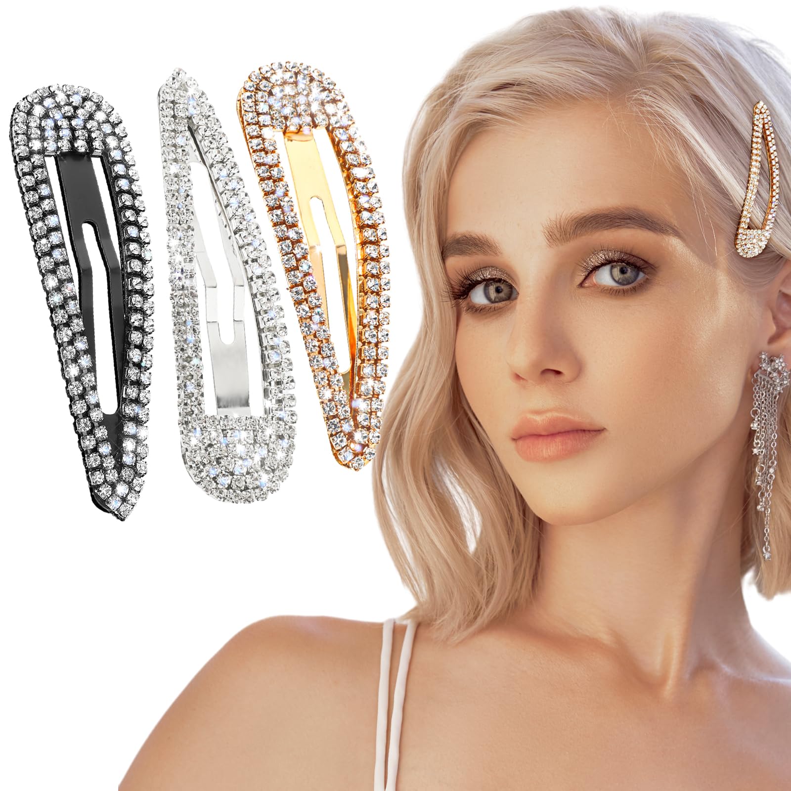 WLLHYF 2Pcs Rhinestone Hair Clips Metal Snap Hairpins Bling Crystal Hair Barrettes Glitter French Barrettes Duckbill Hair Pin Hair Decorative Party Hair Accessories for Women Girls