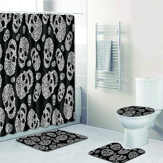 Redbeans 4 Teiliges Badezimmer Set Vintage Retro Totenkopf Motiv Wasserdicht Duschvorhang Anti Rutsch Vorleger Wc Deckelbezug Und Badematte Amazon De Kuche Haushalt