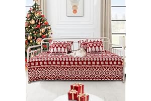 FEYOCN 5-Piece Christmas Daybed Cover Set Twin Cozy Xmas Tree Snowflake Bedding Sets New Year Soft Bedspread Daybed Comforter Bedspread,Santa Day Bed Cover for Twin Bed with 4 Pillow Shams,39"x75"(Red Gray)