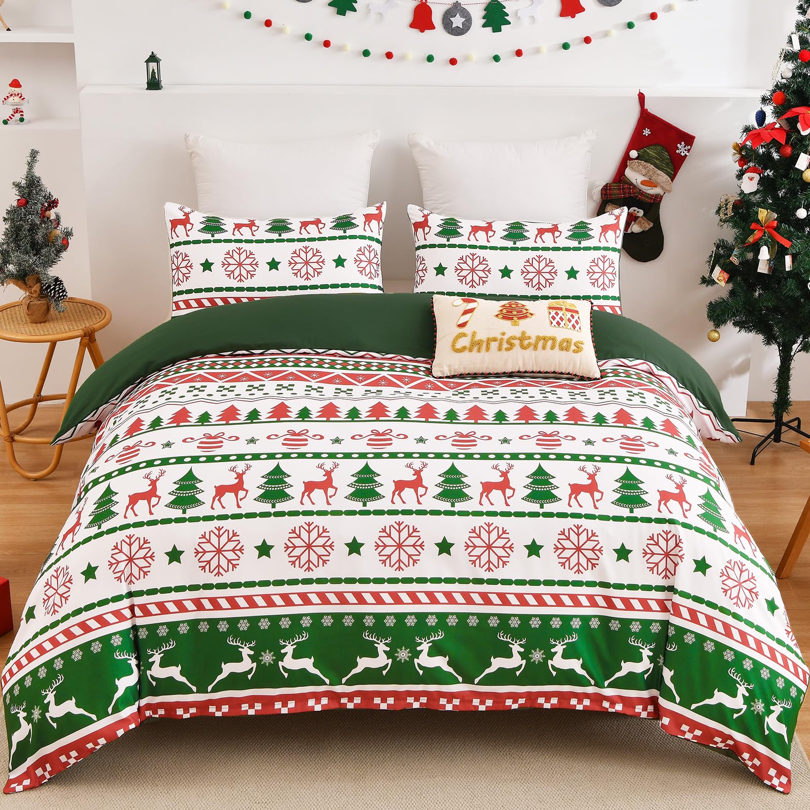 Christmas Duvet Cover Set Double Size 3 Pieces Soft Microfiber Breathable Bedding Set Christmas Deer Snowflake Pattern Quilt Cover with 2 Pillowcases