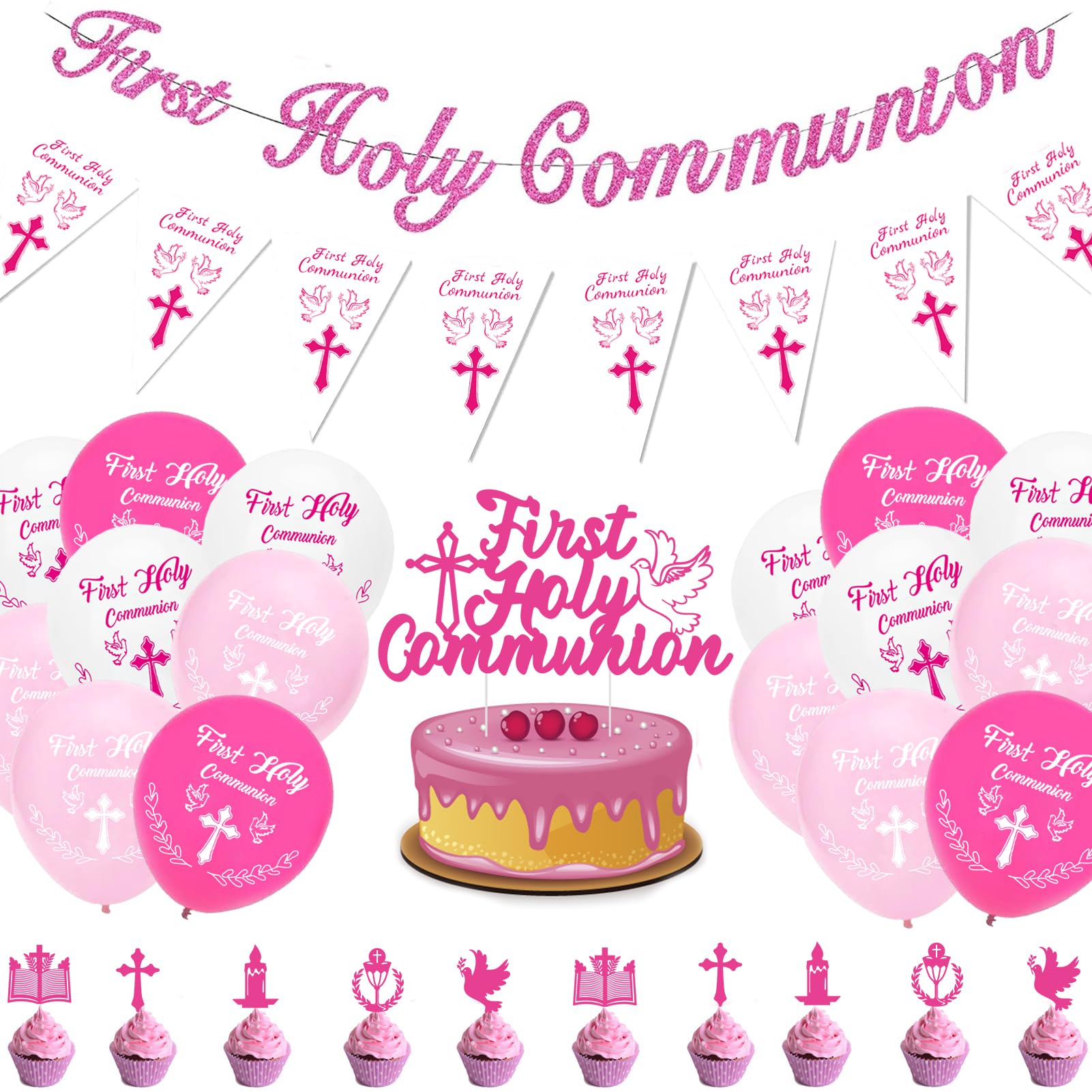 Pink Holy Communion Decorations - 25pcs Girl Confirmation Decorations, 1 Banner, 1 Pennant, 12 Balloons, 11 Cake Topper