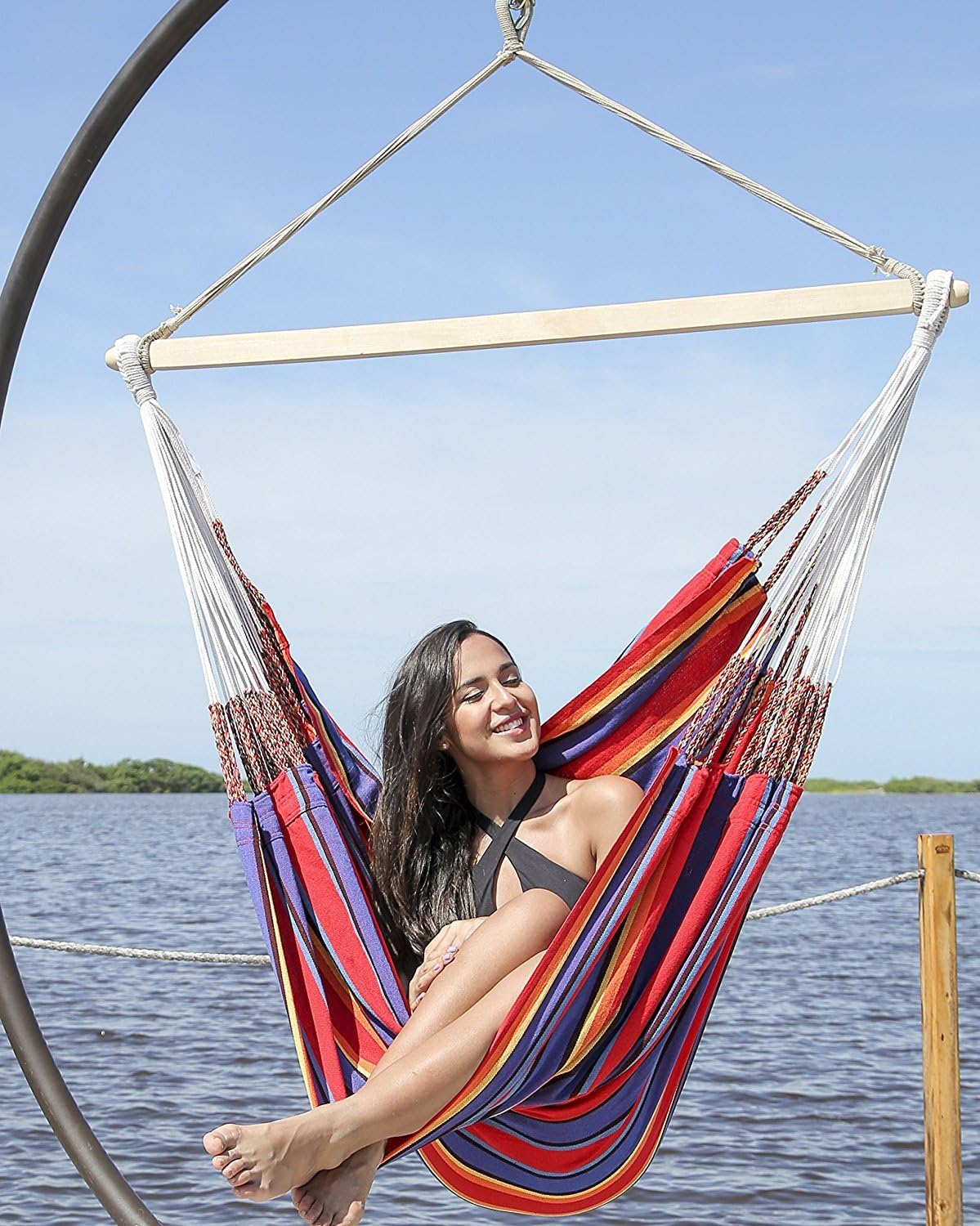 Large Colombian Hammock Chair Lounger - 48 inch - Natural Cotton Cloth (Red and Blue Stripe)