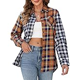 Quatrefox Womens Button Down Flannel Shirts Long Sleeve Plaid Shackets Business Casual Blouse Color Block Top
