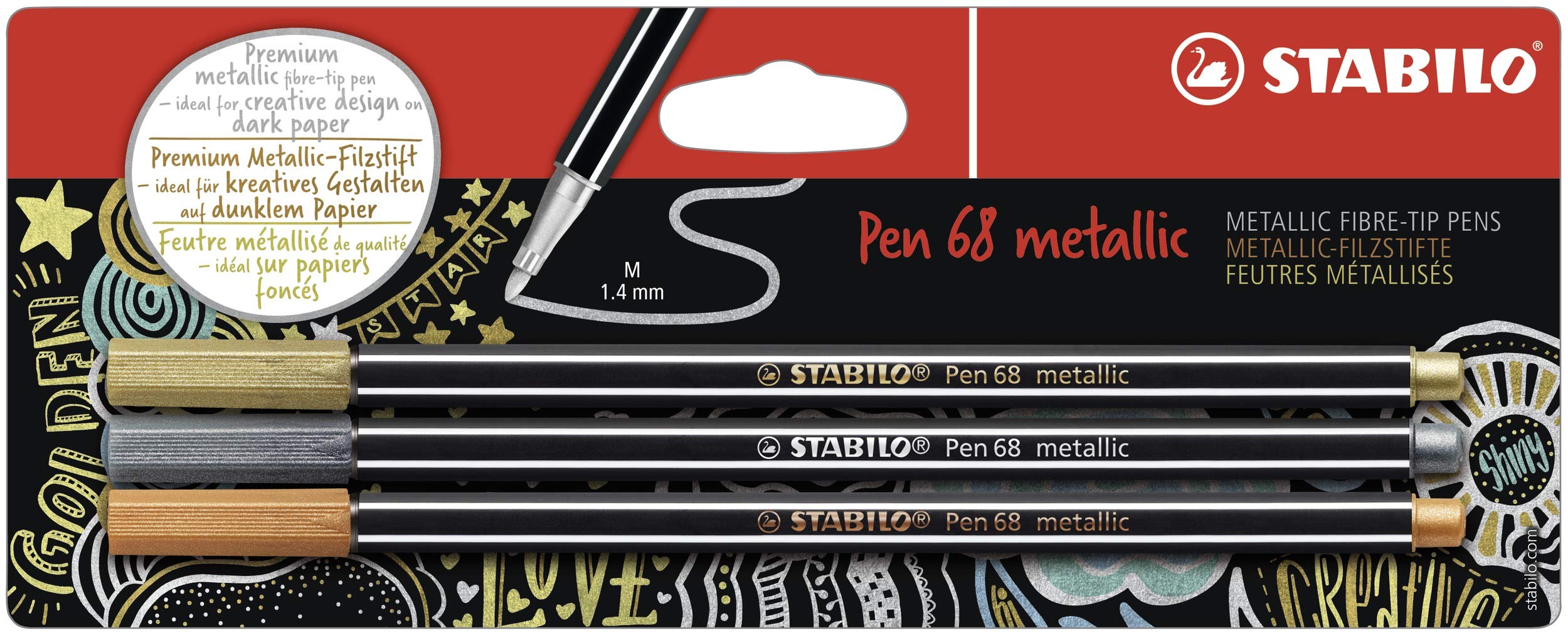 STABILO Pen 68 metallic - Premium Metallic Fibre-Tip Pen - Pack of 3 - Gold, Silver, Copper
