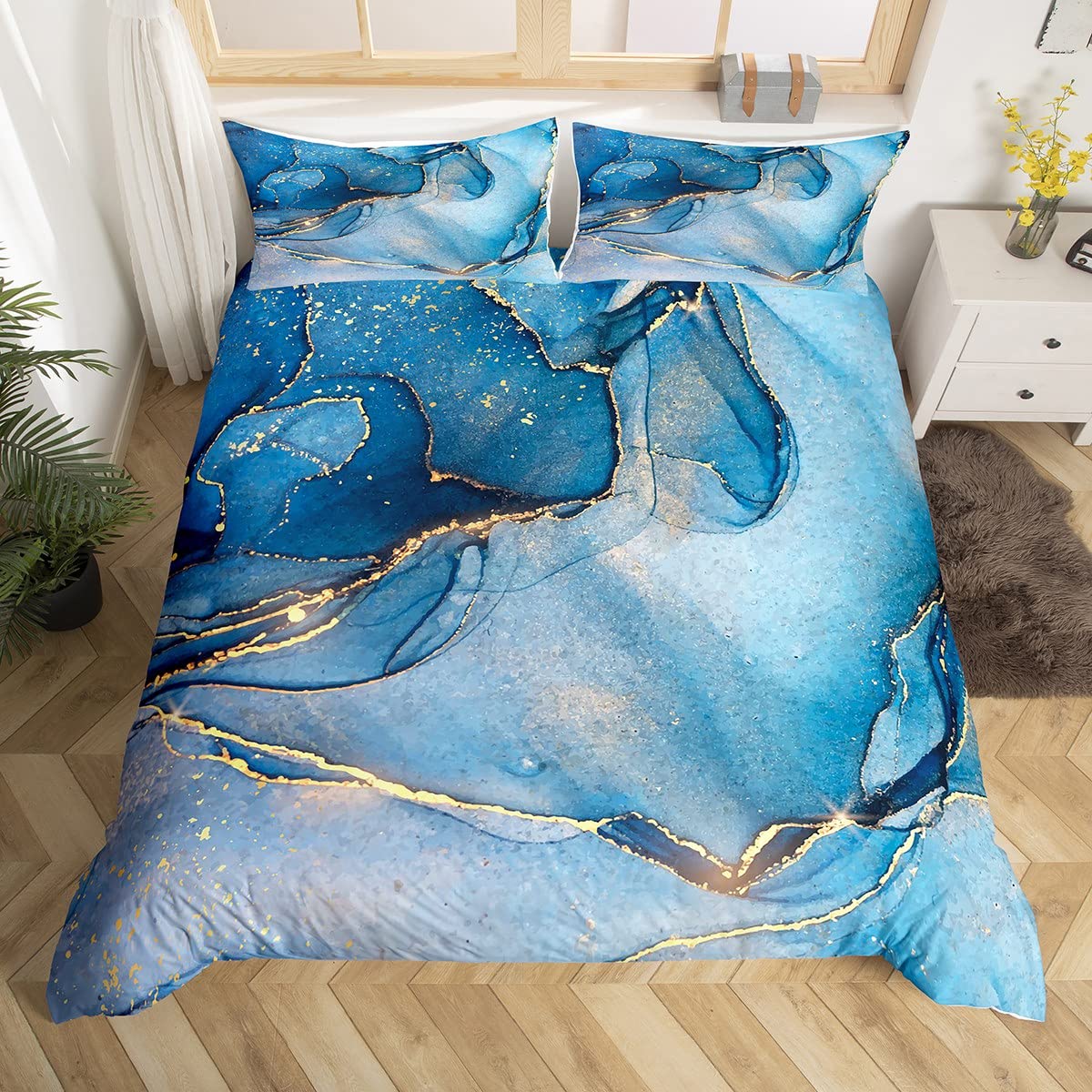 Blue Marble Duvet Cover Set Single Size, Abstract Watercolor Marbling Bedding Set 2pcs for Kids Boy Girls Room Decor, Gold Glitter Comforter Cover Soft Polyester Quilt Cover with 1 Pillowcase — image 1