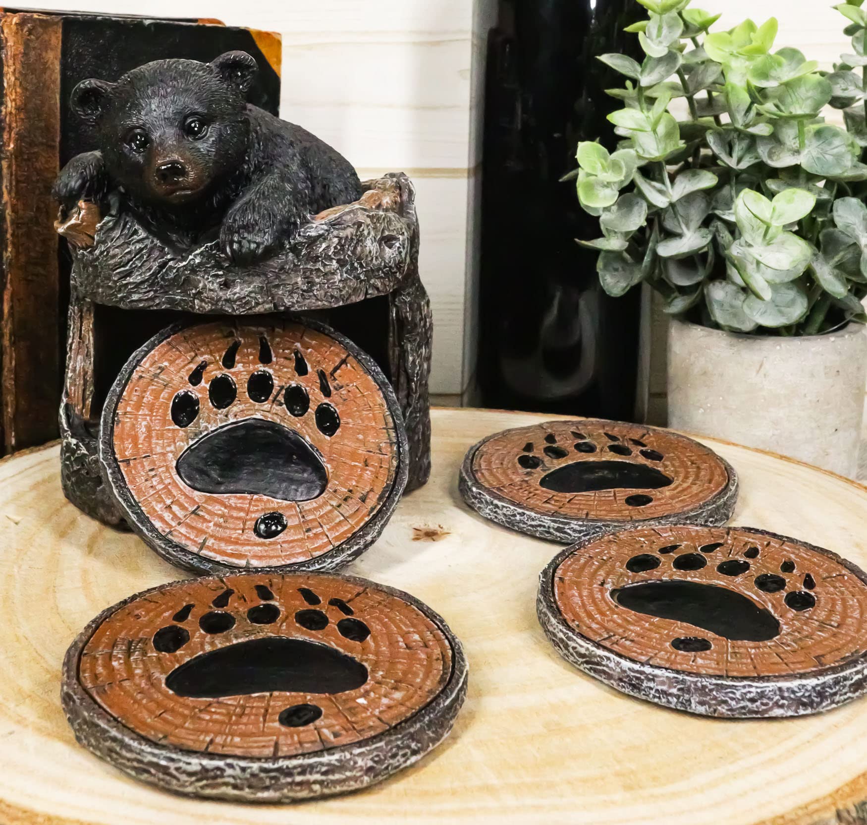 Ebros Gift Rustic Woodlands Black Bear Cub On Tree Trunk Stump Display Holder Coaster Set with 4 Rounded Bear Paw Coasters 5.25" High Cabin Lodge Home Decor Kitchen Accent