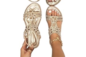Dbzhuyn Flat Sandals for Women Dressy,Sandals Women Dressy Summer Flat Women's Rhinestone Beaded Flower Bohemia Low Heeled Sandals Fashion Comfortable Crystal Beach Sandals Flat Shoes