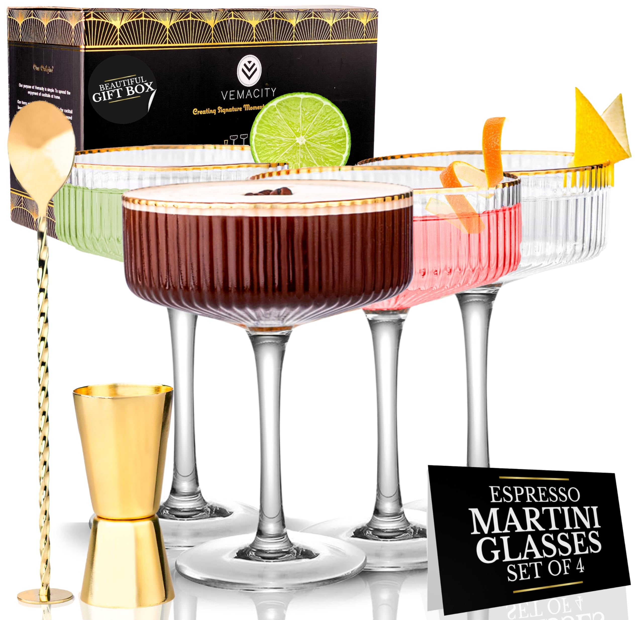 Photo 1 of VEMACITY - Ribbed Espresso Martini Glasses Set of 4 with Gold Rims - Vintage Cocktail Glasses for Margaritas, Champagne and More - Includes Jigger, Bar Spoon & Recipe eBook - Gift Set & Wedding Gift