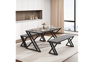 Garvee Dining Table Set for 4 with 2 Benches, Kitchen Table with Sturdy X Metal Frame, Rectangular Dining Room Set Saving Spa