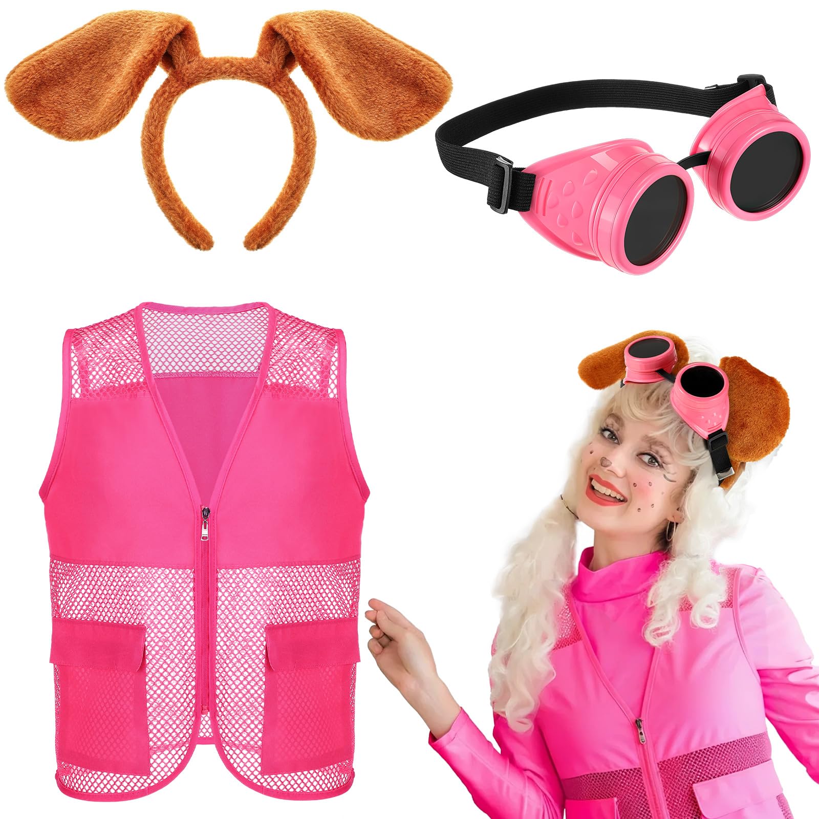 Photo 1 of Hotop 3 Pcs Halloween Puppy Dog Costume Set Dog Ear Headband Pink Steampunk Goggles Vest Puppy Themed Cosplay Accessories for Women Adult