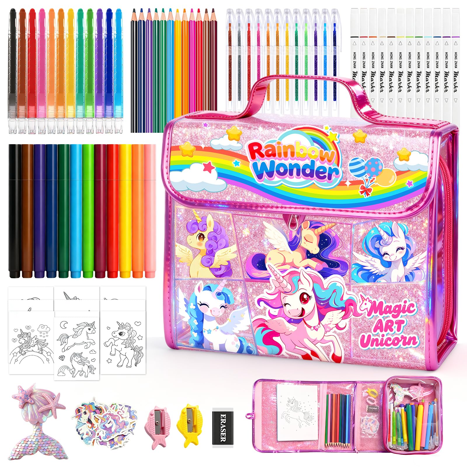 homicozy 106Pcs Washable Scented Markers Set with Unicorn Glitter Pencil Case,Colouring Sets for Children Ages 4-6-8,Arts And Crafts For Kids,Birthday Gifts for Girls 4 5 6 7 8 Year Old