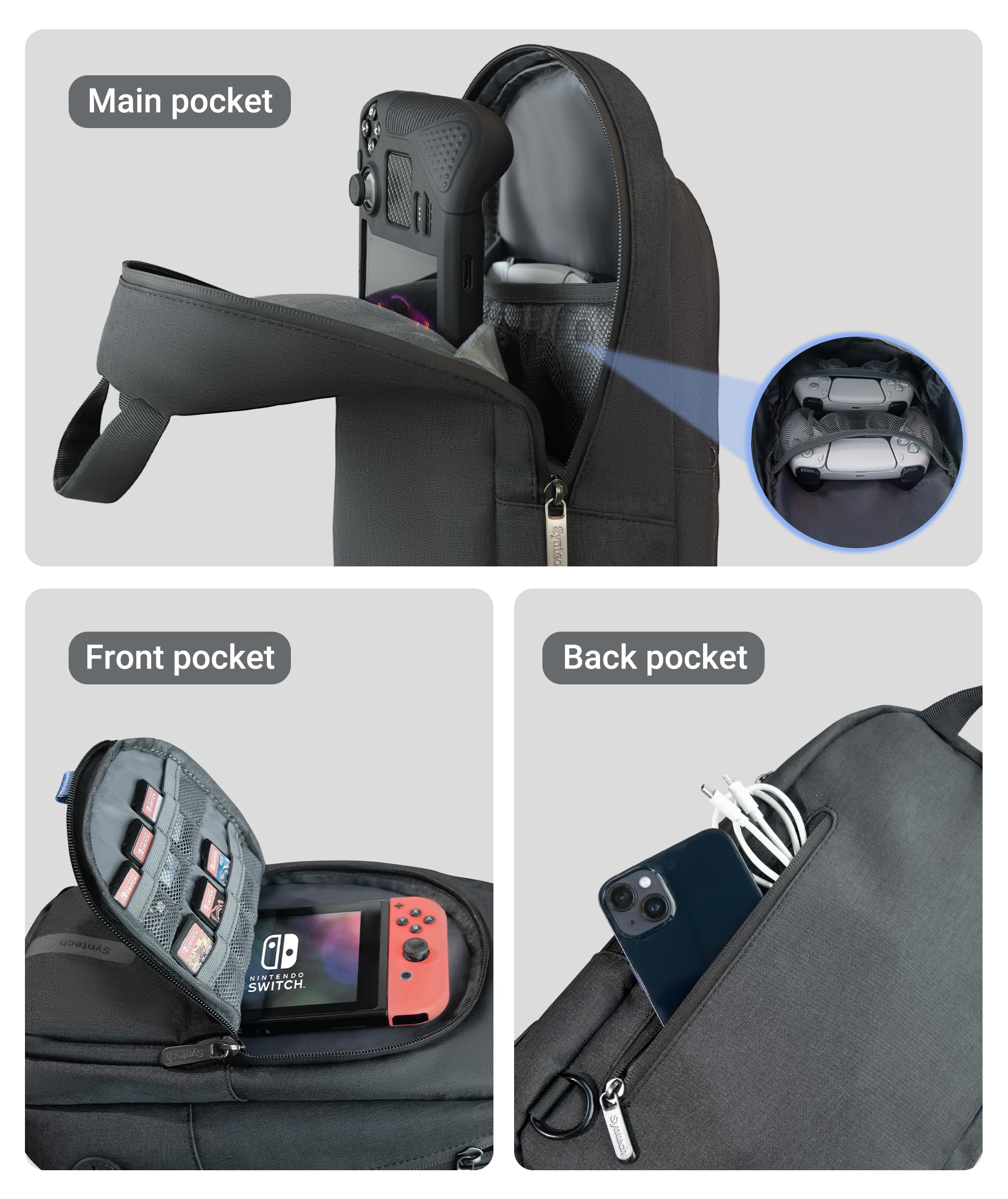 Syntech Carrying Case Compatible with Steam Deck OLED/ROG Ally X/Legion Go S, Sling Bag for Nintendo Switch 2/PS Portal, Portable Travel Bag for Consoles & Accessories with Large Storage Space, Black