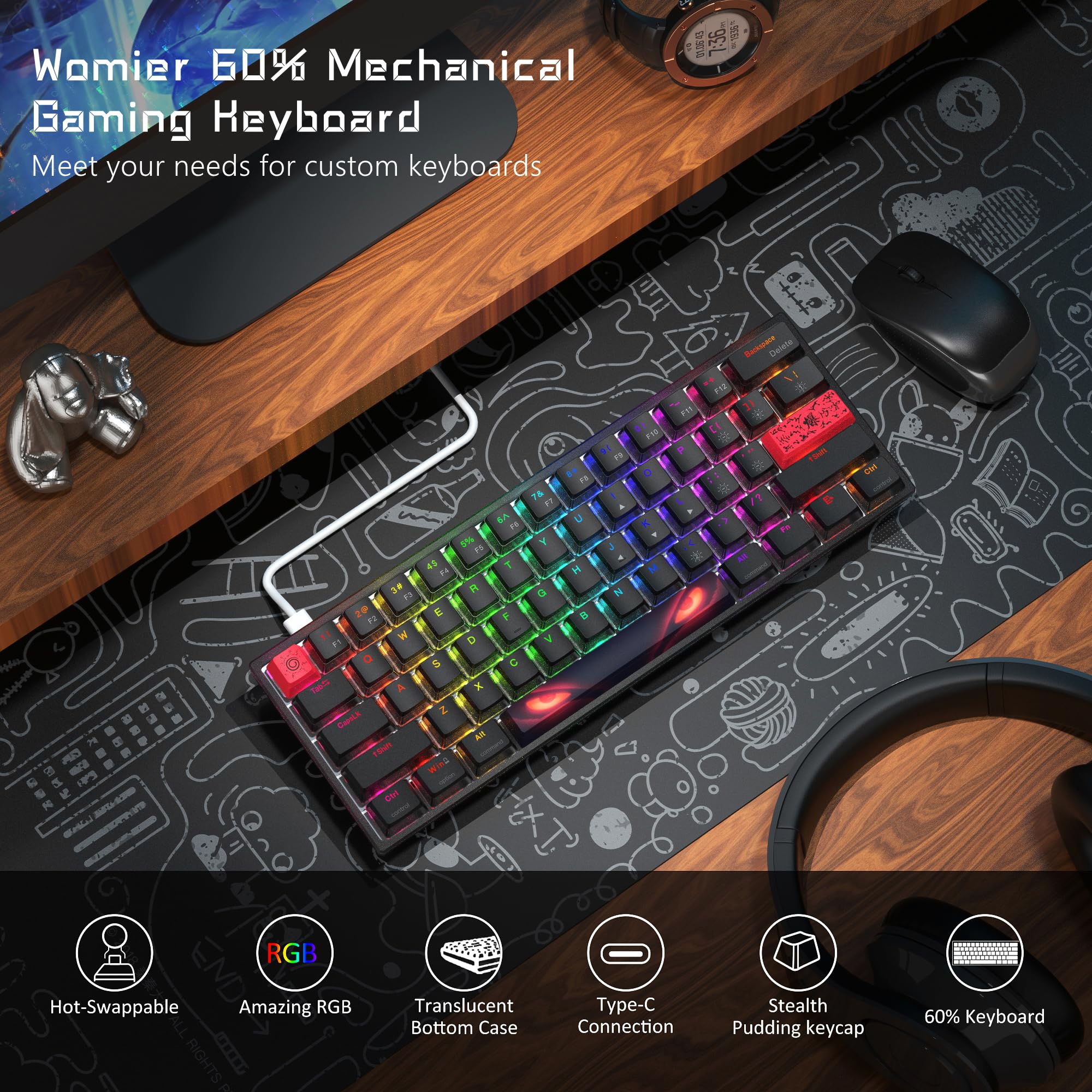 Womier 60% Percent Keyboard,WK61 V2 Mechanical RGB Wired Gaming Keyboard,Hot-Swappable Creamy Key Board with PBT Keycaps,Linear Red Switch for Windows/MAC (Black)