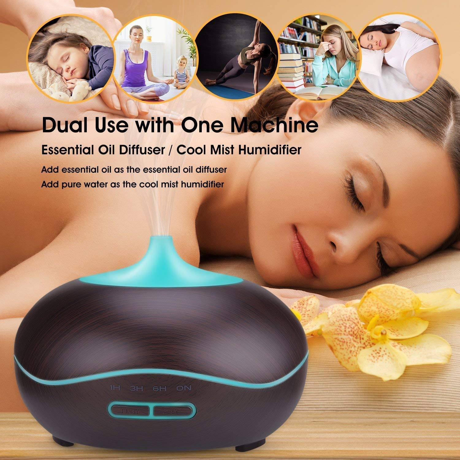 Essential Oil Diffuser, Cool Mist Ultrasonic Aroma Diffuser, Air Humidifier Wood Grain with Waterless Automatically Shut-off for Office Home Yoga Spa-Black …