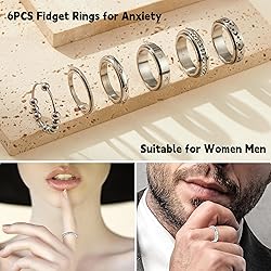 LOFITOR Silver Fidget Rings for Anxiety 6pcs