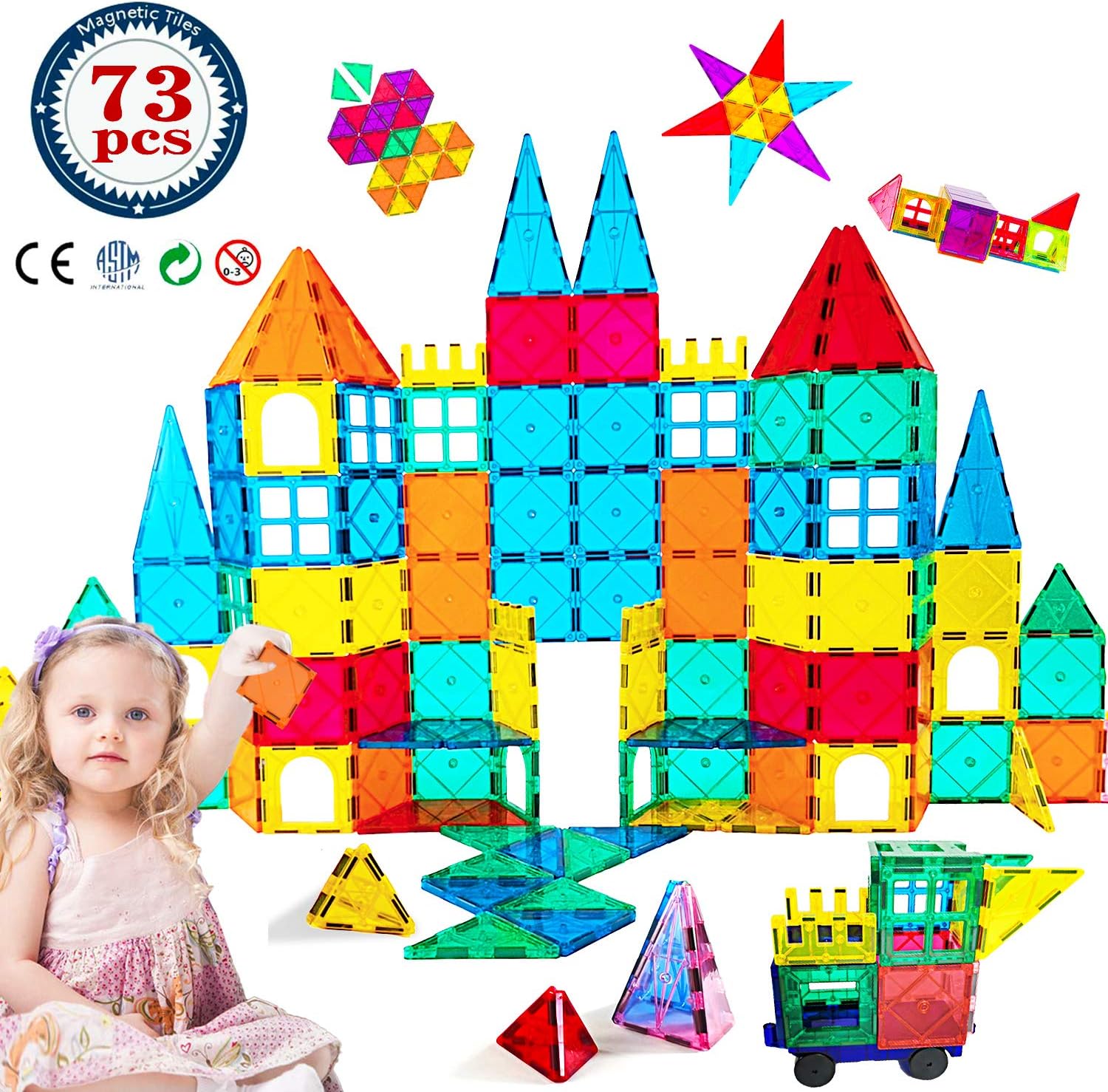 HLAOLA Magnetic Building Blocks Magnetic Tiles 3D Tiles Set 73PCS Magnetic Toys for 2 3 4 5 6 7 Year Old Boys Girls Gifts Educational Inspirational Conventional Recreational STEM Toys Tiles: Toys & Games