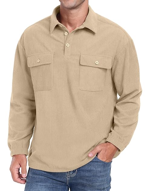 Hisir Mens Sweatshirts Jumper UK Men's Polo Neck Winter Corduroy Long Sleeve Jumpers Tops for Men (Khaki, L)