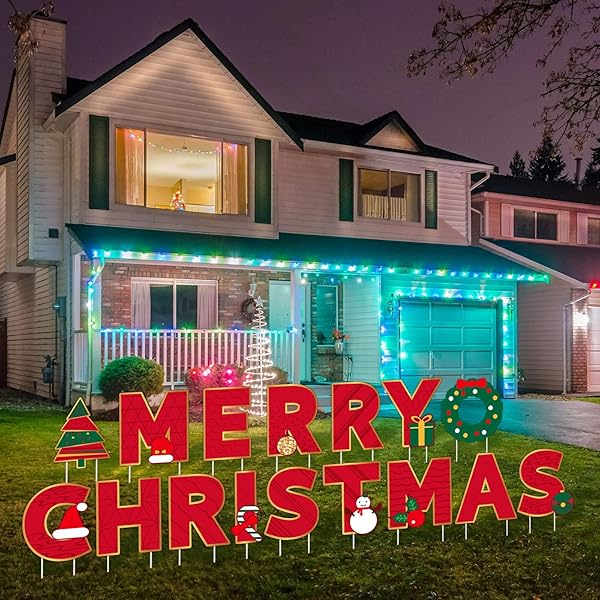 FOVTHS GIANT 18 INCHES RED MERRY CHRISTMAS LARGE LETTER YARD SIGN PLASTIC WATERPROOF YARD SIGN LARGE HOLIDAY LAWN SNOW SIGN DECOR WITH STAKES FOR CHRISTMAS HOLIDAY OUTDOOR LAWN DECOR