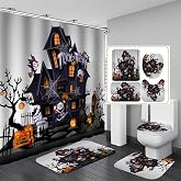 AZHM 4 Pcs Halloween Haunted House Shower Curtain Set for Bathroom | Bathroom Decor Set with Waterproof Curtain, Bath Mat Toilet Lid Cover U-Shape Rug 12 Hooks 71*71 in for Toilet Washroom