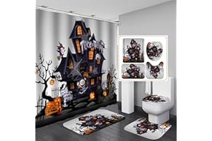 AZHM Halloween Shower Curtain Sets Haunted House Pumpkin Shower Curtains with 12 Hooks, Bathroom Decor Sets with Curtain and Rugs